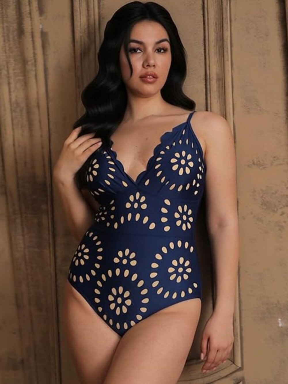 Flaxmaker Women's One Piece Bathing Suit Petal Hollow V Neck Swimsuit and Skirt